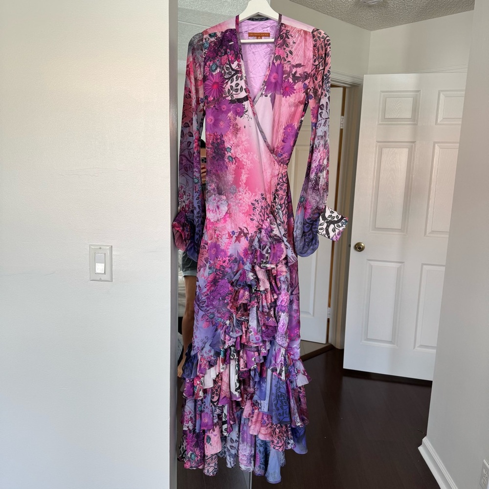 GloryAng Colombian designer Floral Pink & Purple Ruffle Wrap Dress size S